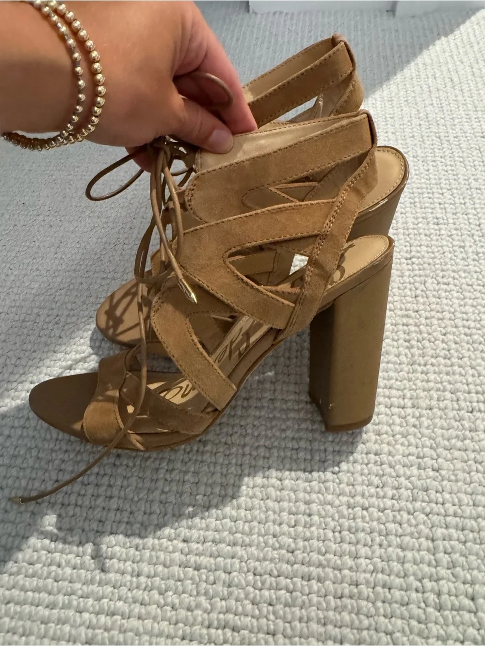 Sam Edelman Tan Lace-Up Suede Block Heel Sandals
